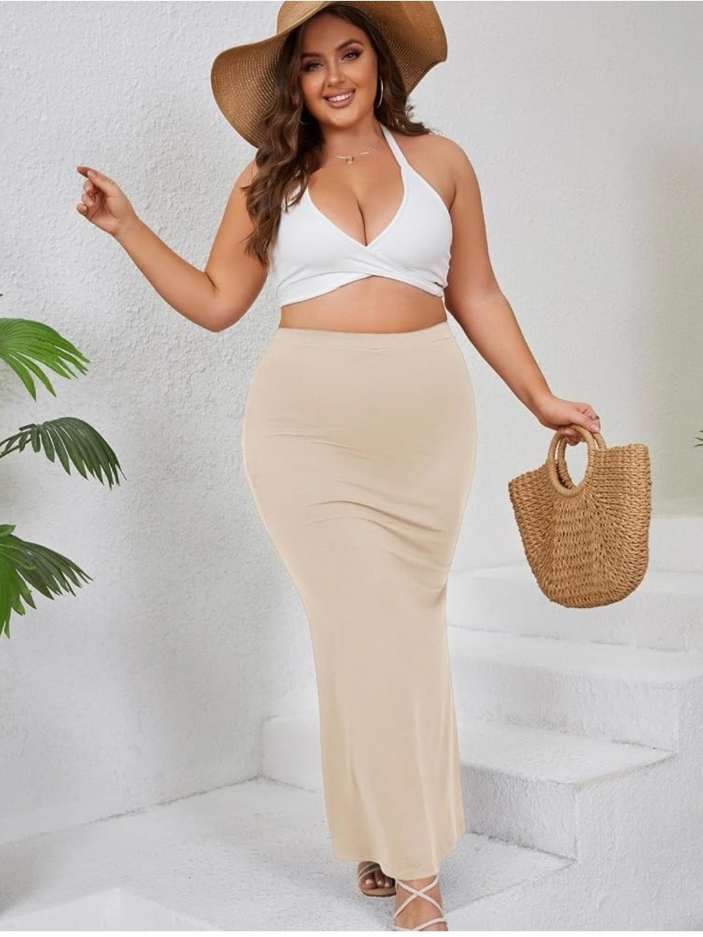 Zomva Plus Size Beige Bodycon Mermaid High Waist Maxi Skirt -  2X - New